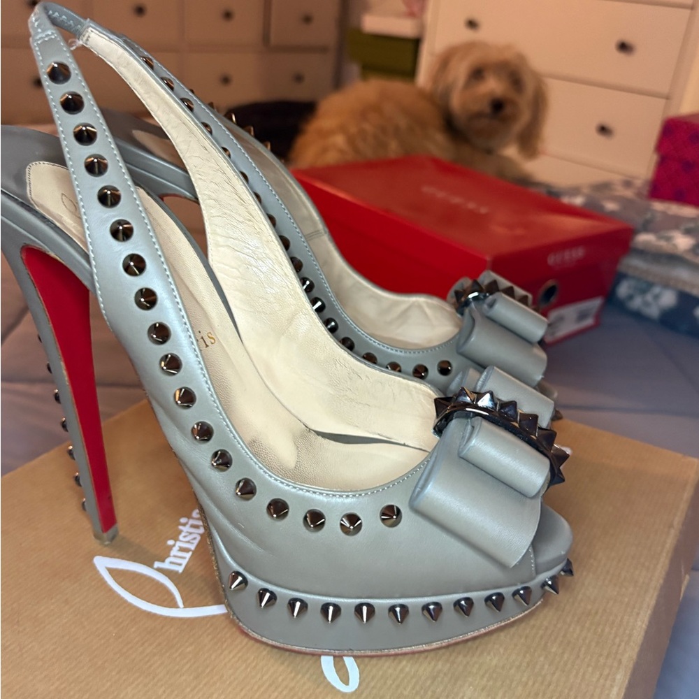 Christian Louboutin Gray Studded Peep-Toe Heels